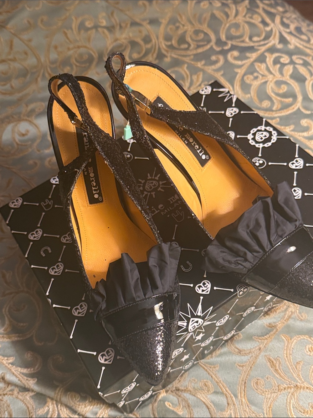 Frankie Morello Black Pointed Slingback Mules with Ruffle